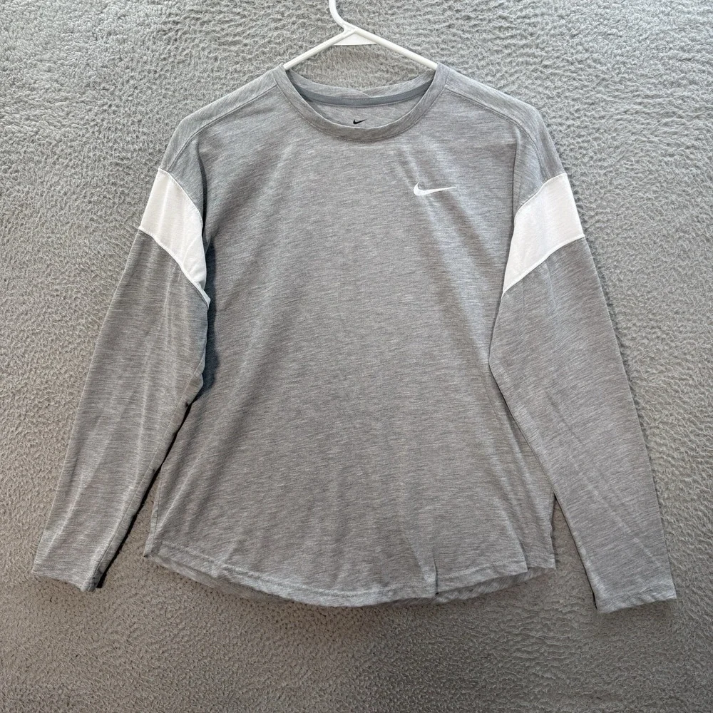 Nike Shirt Womens Small Gray White Dri Fit Long Sleeve Small Swoosh Athleisure